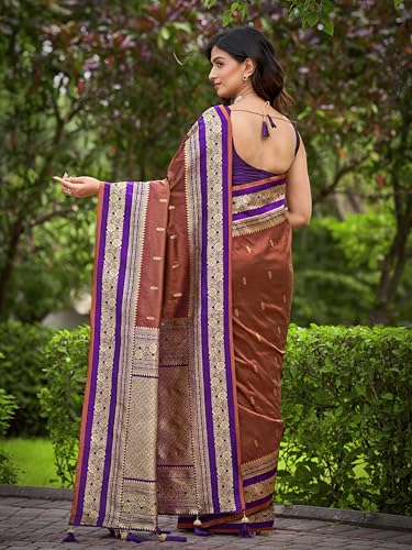 MANOHARI Women's Most Trendy Banarasi Satin Silk Woven Orange Brown & Purple Saree With Heavy Jacquard Work Saree With Blouse Piece_MN2058