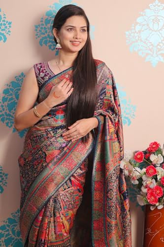 SGF11 Women's Kanjivaram Pure Soft Silk Position Printed Saree With Blouse Piece (Dark Blue)