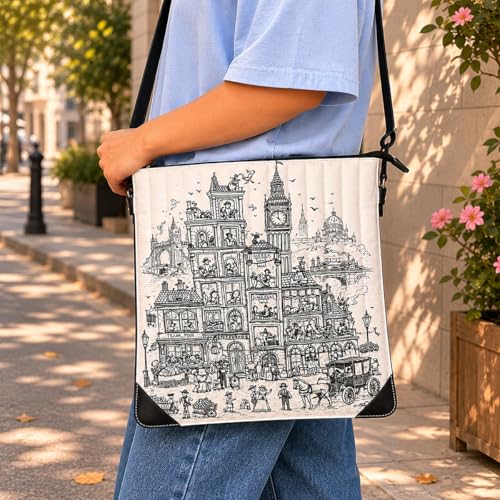 Strutt Sketchscape Sling Bag for Women | Artistic Canvas & Rexine Crossbody Bag | Adjustable Shoulder Strap | Zipper Closure with Back Slip Pocket | Casual Travel Office Everyday Messenger Bag