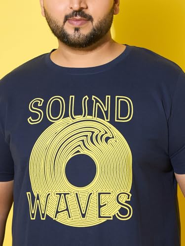 Bigbanana Men Plus Size Printed Navy Round Neck Tshirt (Frequency,Navy,7XL)