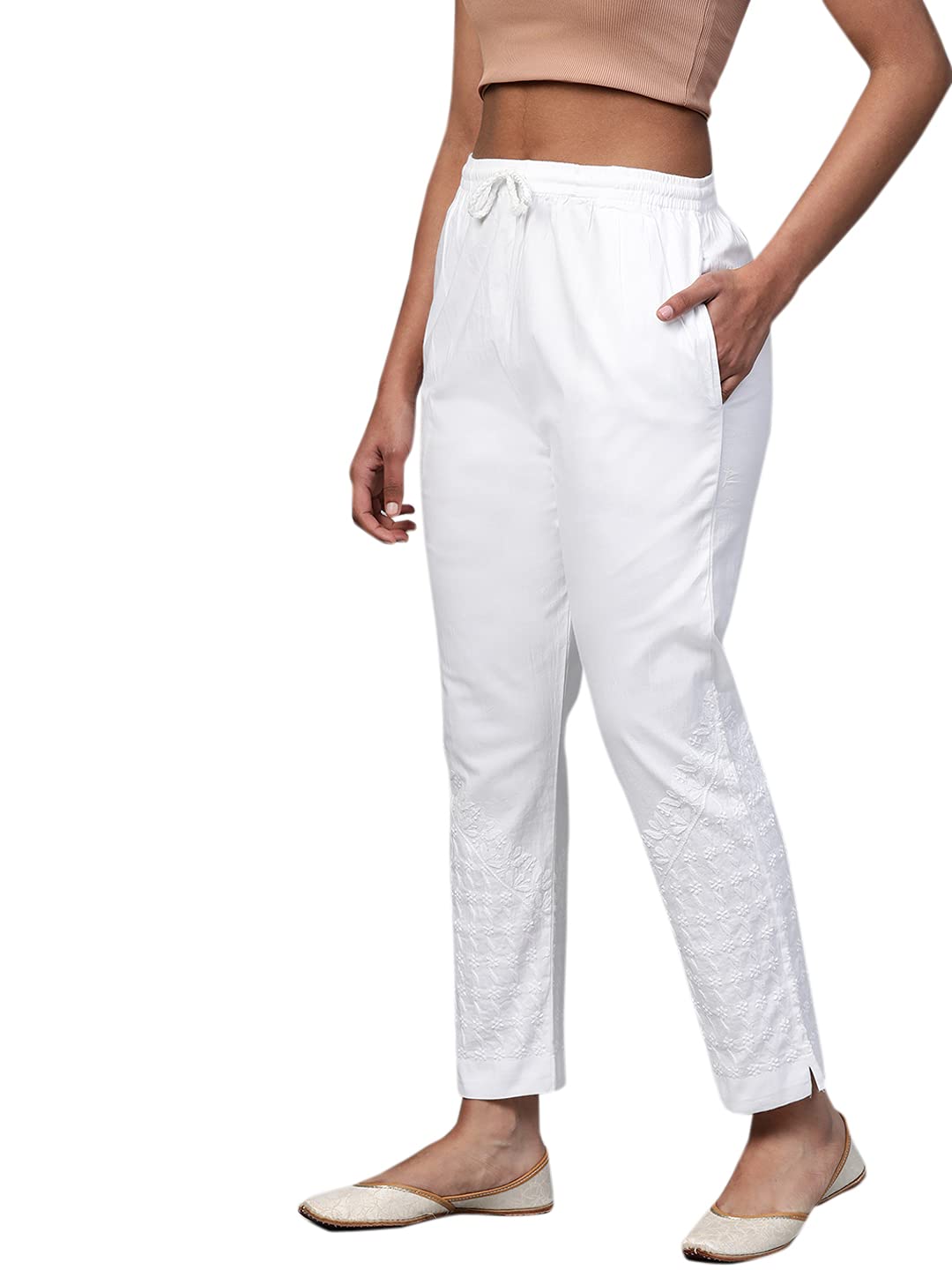 Ada Hand Embroidered Lucknowi Chikankari Straight White Cotton Palazzo Pant Trouser for Womens A711127 (2XL)
