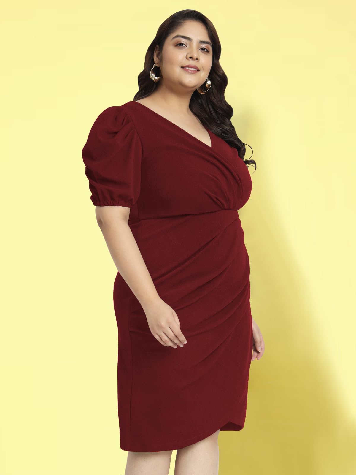 wild U Women Plus Size Bodycon Dress | Wrap | Stretchable | Puff Sleeve | Knee Length | Western Stylish (Maroon - 3XL)
