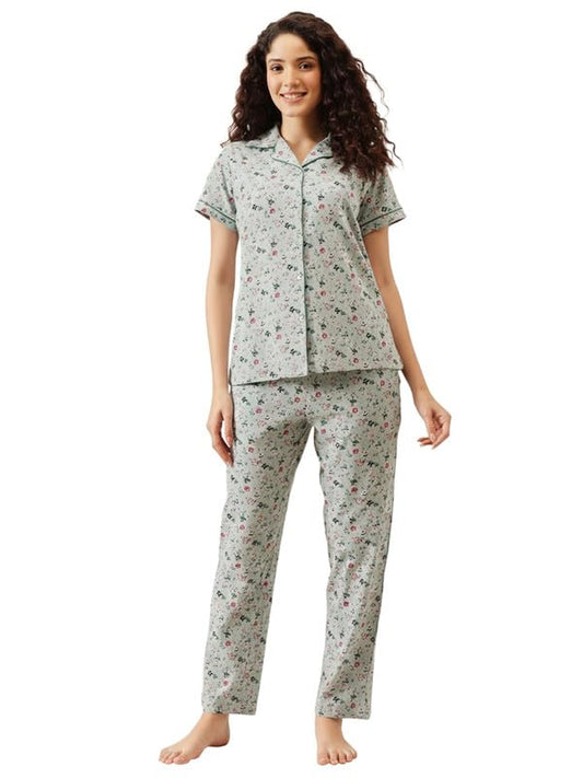 Clovia Women's Printed Button Down Shirt & Pyjama Set (LS0025B11_Green_M)