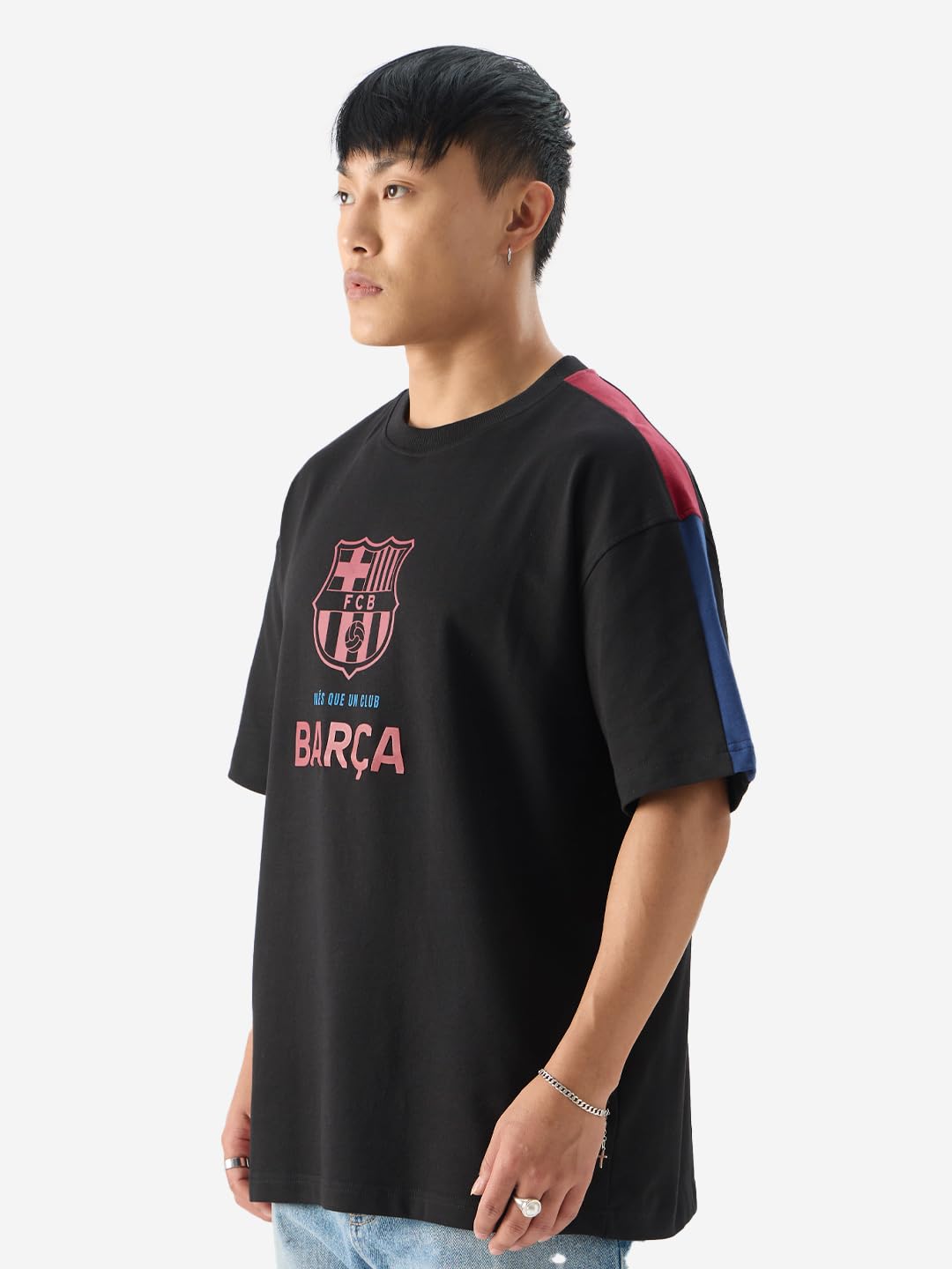 The Souled Store Official FCB: Camp NOU Black Graphic Printed Oversized Cotton T-Shirt for Men & Boys- Short Sleeve Round Neck
