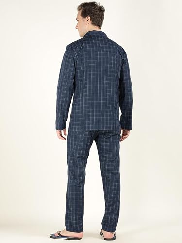 Hancock Men Cotton Checked Relaxed Fit Night Suit Navy Blue Size L
