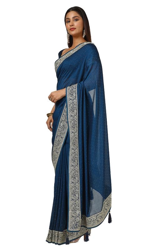 Soch Womens Blue Tussar Zari Embroidered Saree With Stone Work