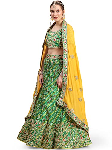 leeza store Women's Bollywood Style Silk Blend Bandhani Printed Zari And Sequins Embroidery Work Lehenga Choli With Dupatta