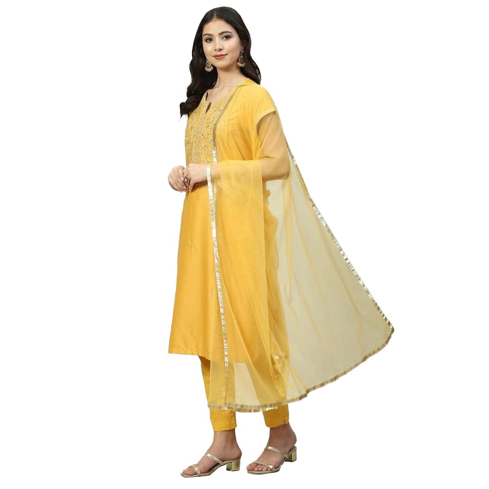 Biba Women Polycotton Printed Narrow Salwar Kurta Dupatta(Skdassorted8331_Mustard_38)
