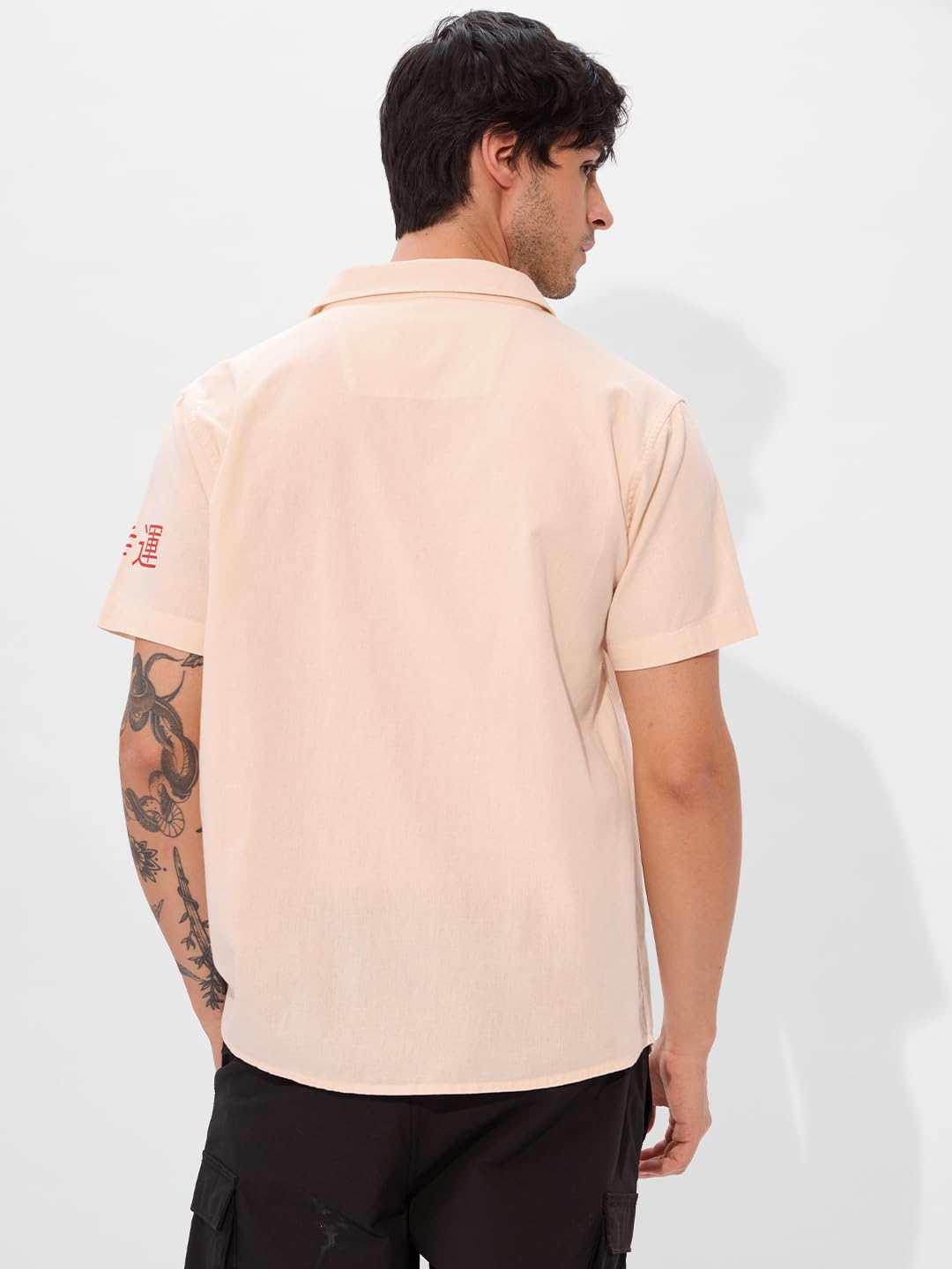 The Souled Store So Koi Men and Boys Collared Neck Button Front Orange Embroidered Regular Fit Cotton Half Sleeve Shirts