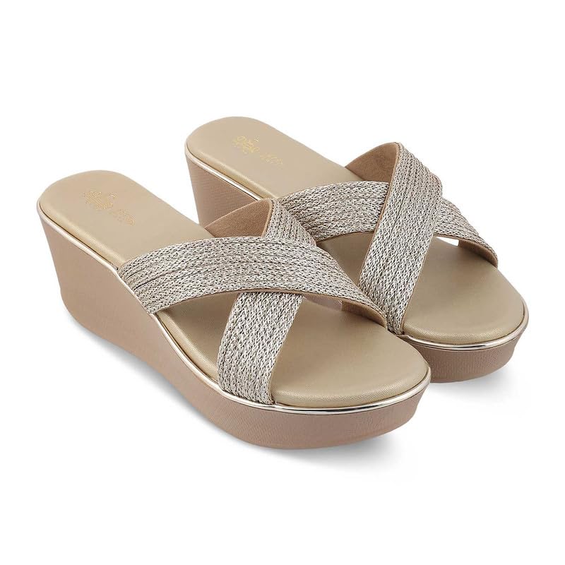 tresmode 239-GLAMR GOLD WOMEN DRESS WEDGE SANDALS EU/39 UK/6