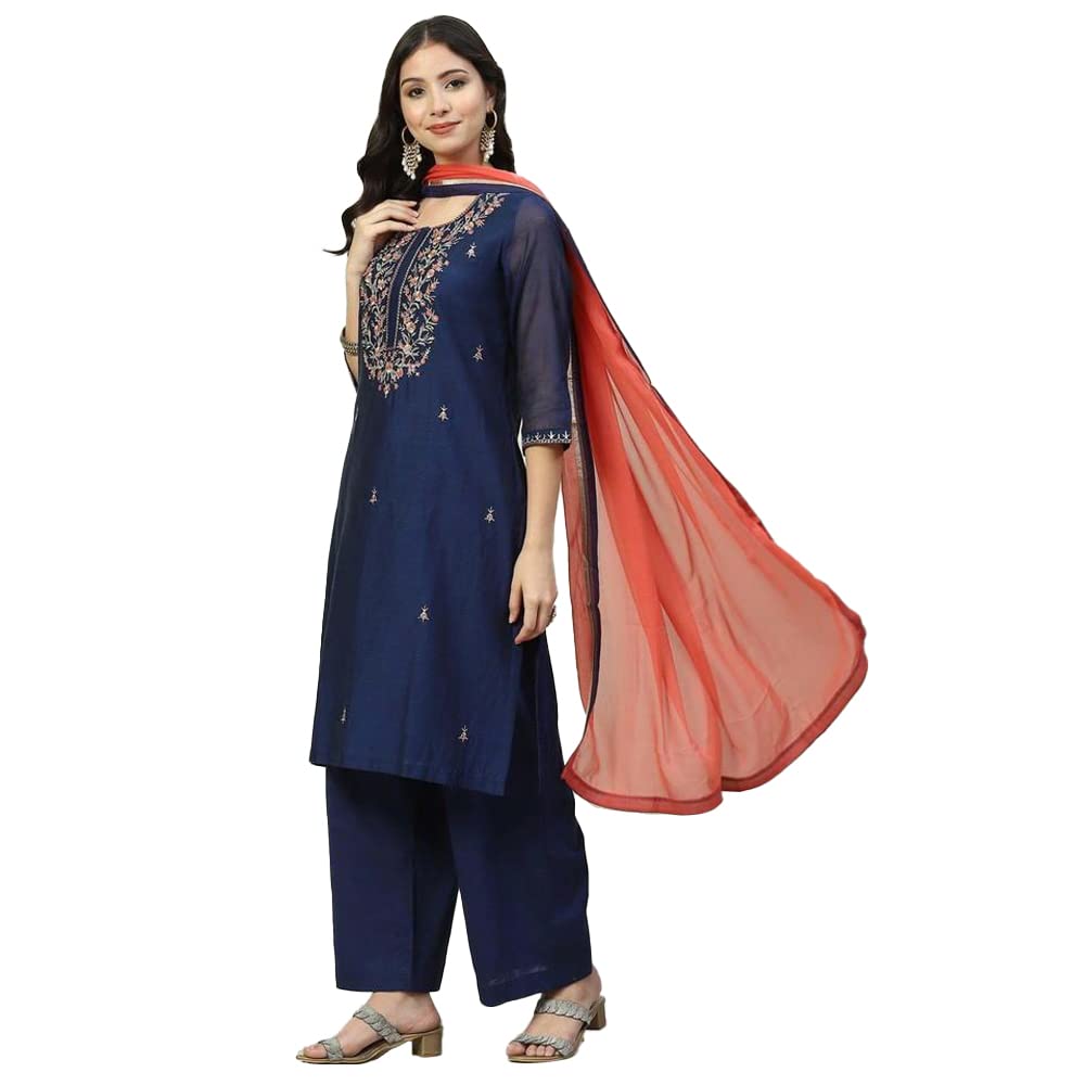 BIBA Polycotton Women Embroidery Narrow Salwar Kurta Dupatta(Skdassorted8339_Navy Blue_42)