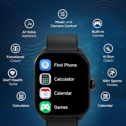Titan Zeal 1.85" AMOLED Metal Case Smart Watch with BT Calling, SpO2, 100+ Sports Modes, Auto Sports Recognition, Fast Charging Smartwatch for Men & Women with – Black Leather Strap (Black)