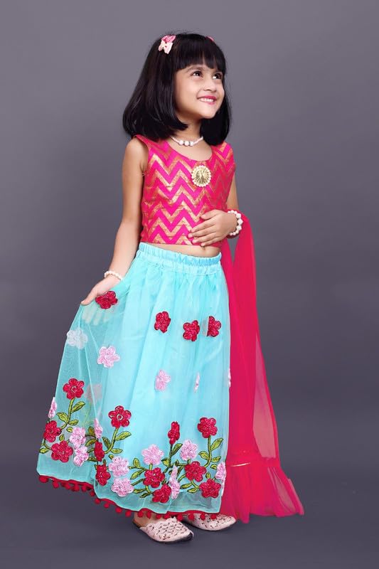 satyamfab Kids Net Fabric Thread Embroidered Work Lehenga With Jacquard Weaving Choli and Smooth Net Dupatta for Girls