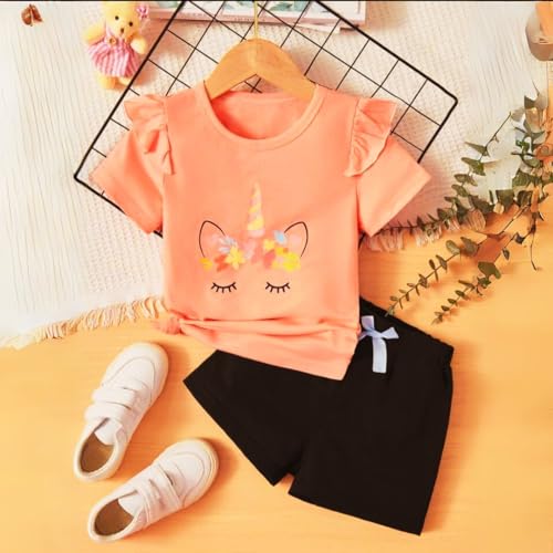KIDZZLAND Baby Products - Baby Girl Dress with Unicorn Print Ruffle Trim Tee, Bow Front Shorts - T Shirt and Baby Clothes Set - Ideal Kids Clothes Girls (4-5 Year)