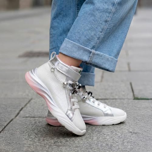 KazarMax Hopits Rise High-Top Sneakers for Kids Girls White with Silver Accents Removable Charms -11 Kids UK