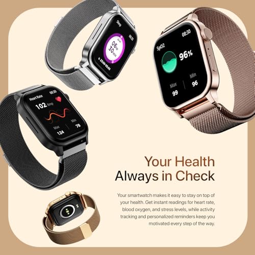 Fire-Boltt Rise Luxe Smart Watch, 1.85" HD Display, Metal Body with Bluetooth Calling, Rotating Crown, AI Voice Assistant, 120 Sports Modes, Neon UI, SpO2 & Heart Rate Monitoring (Rose Gold Mesh)
