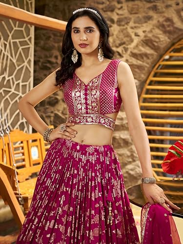 Zeel Clothing Women's Sequins Zari Embroidered Dola Silk Jacquard Lehenga Choli With Dupatta (7100-Women-Lehenga-Choli-Latest, Free size) (Rani Pink)