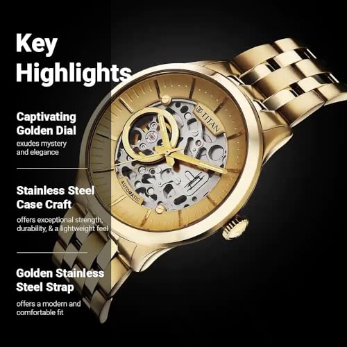 Titan Metal Mechanicals Automatic Gold Dial Gold Titanium Strap Watch for Men - NT90140YM01