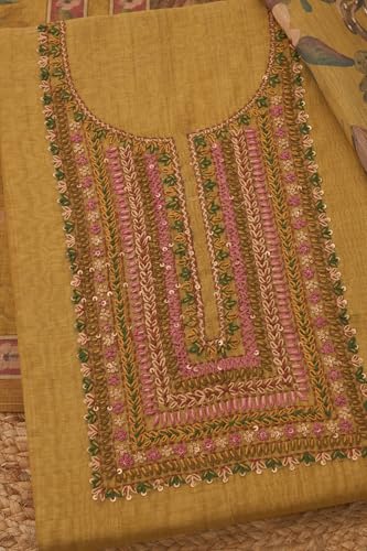 Soch Womens Mustard Linen Shimmer Embroidered Unstitch Dress Material With Thread Work