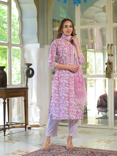 Divena White & Pink Cotton Block Print Kurta Pant with Dupatta