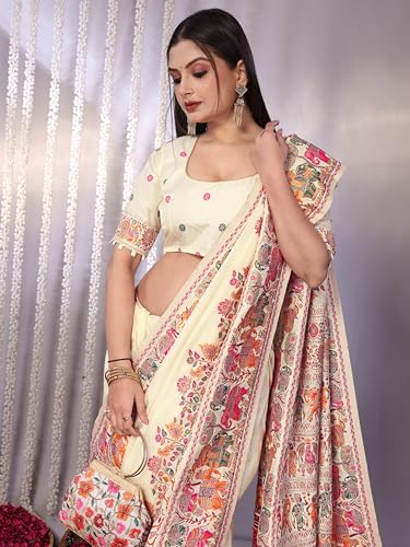 SWORNOF Women's Patola Silk Saree With Unstitched Boluse Piece (WHITE-2)