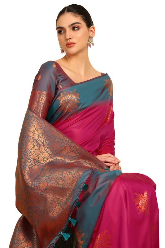 Soch Womens Fuchsia Floral Zari Woven Design Silk Blend Saree With Tassels