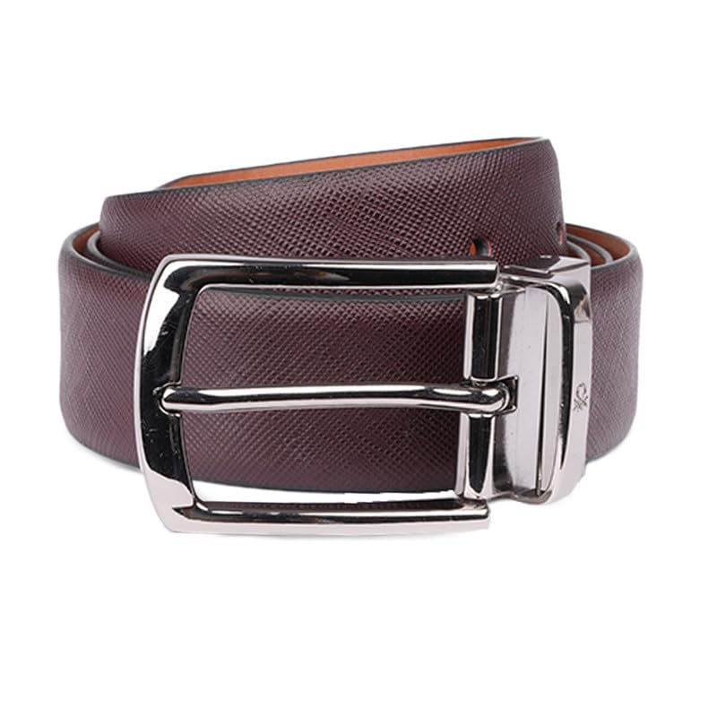UNITED COLORS OF BENETTON Altdorf Leather Men Reversible Belt - Wine+Tan, L 1M | Waist Range: 37-41 | Saffiano Textured Reversible Belt With Pin Closure