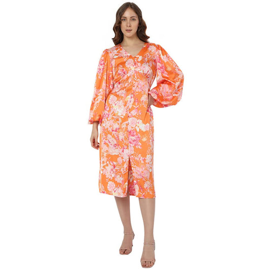 VERO MODA Printed Polyester V Neck Women's Midi Dress (Orange,Xs)