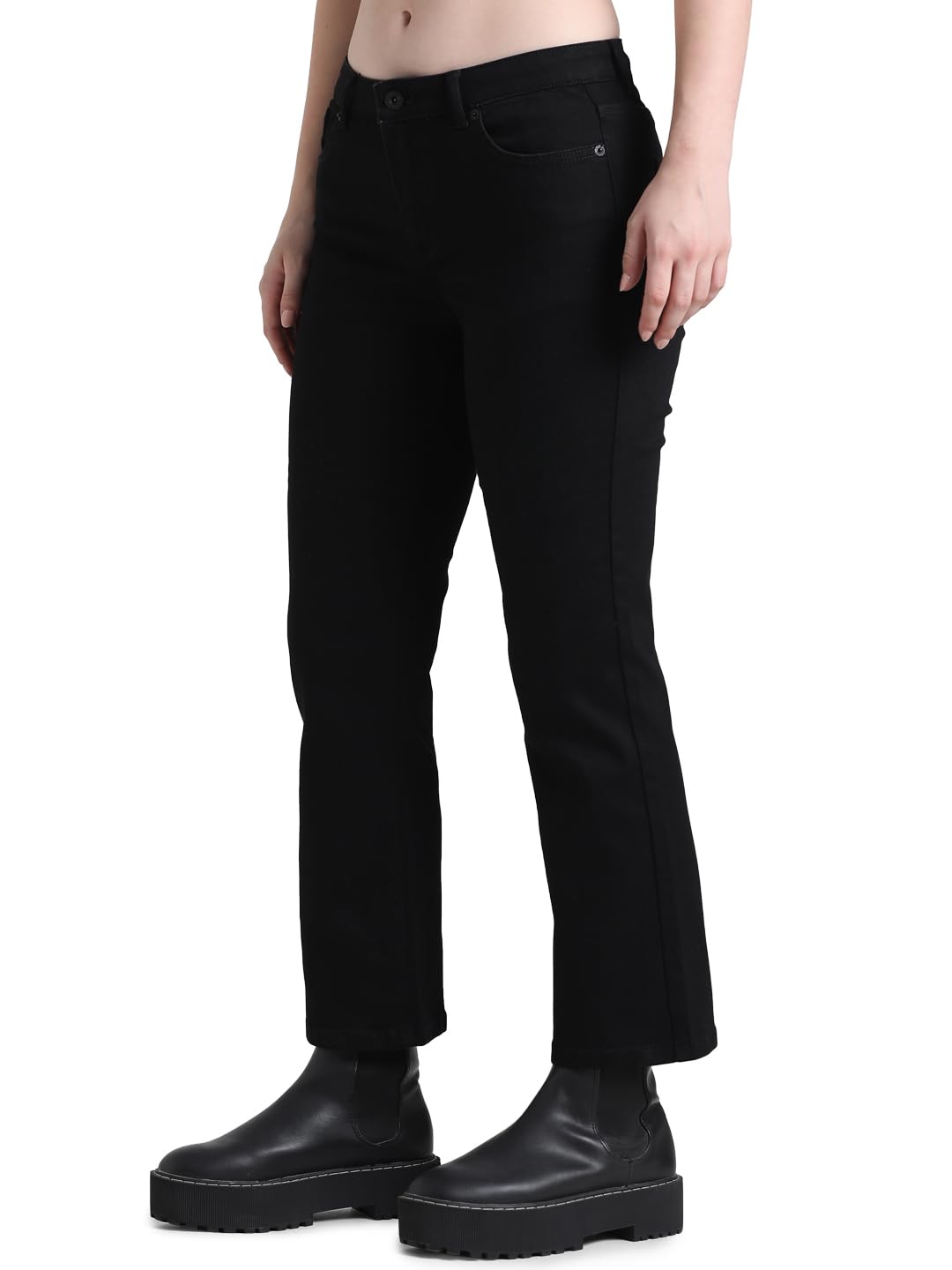 ONLY Women Solid Flared Fit Mid Rise Ankle Length Black Bootcut Jeans