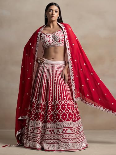 Zeel Clothing Women's Sequins Thread Embroidered Georgette Designer Lehenga Choli with Dupatta (5122-Red-Womens-Lehenga-Choli-Latest; Free Size) (Red)
