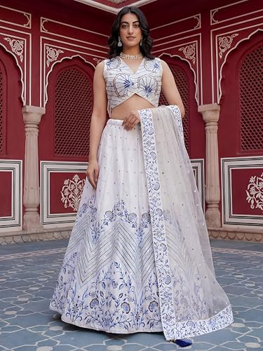 Zeel Clothing Women's Sequins Thread Embroidered Satin Designer Lehenga Choli With Dupatta (7079-White-Women-Lehenga-Choli-Set; Free Size)