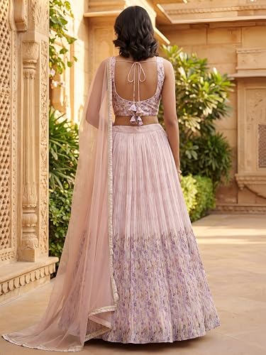 Zeel Clothing Digital Print Mirror Hand Work Georgette Lehenga Choli with Dupatta (5100-Beige-Women-Stylish-Lehenga-Choli; Free Size)