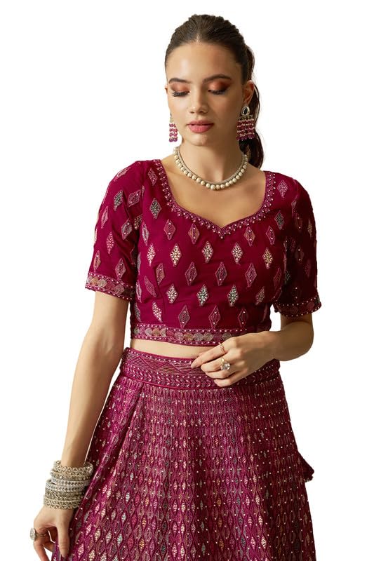 Soch Womens Wine Georgette Embroidered Unstitched Lehenga Set with Stone Embellishments