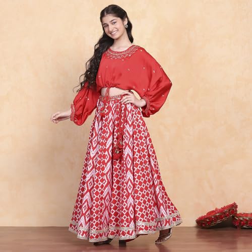 Biba Girl's Polyester Lehenga Set (KWSNKIS6316SS25RED_Red_14-15 Year)