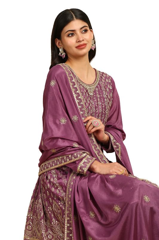 Soch Womens Purple Sequinned Embellished Chinon Suit Set with Dupatta