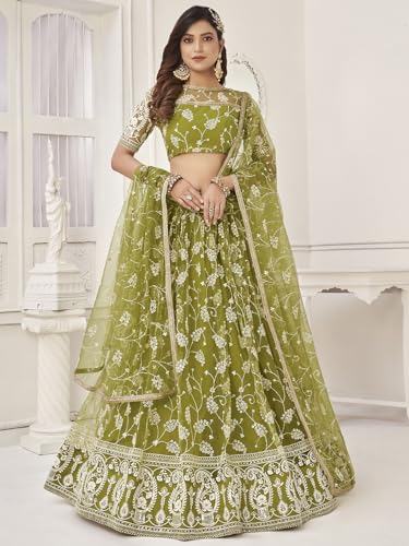 Zeel Clothing Women Embroidered Soft Net Semi-Stitched Lehenga Choli With Dupatta (2126-Olive-Green-Wedding-Stylish-Latest; Free Size)