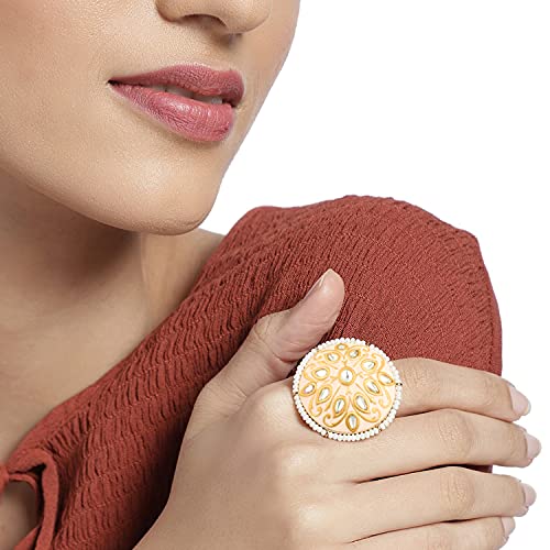 Peora Traditional Gold Plated Meena Work Kundan Pearl Adjustable Ring for Women Girls (Cream)