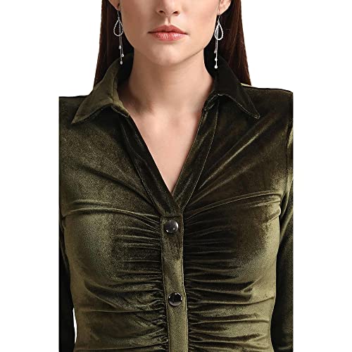 Kazo Embellished Velvet Cowl Neck Womens Mini Dress (Olive, Large)