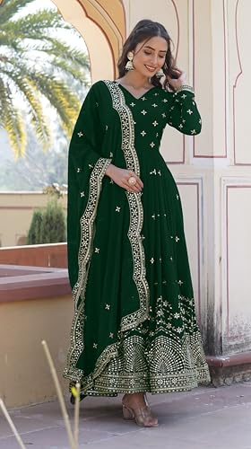 Fashion Basket Faux Georgette Sequins Anarkali Dress for Women (in, Alpha, XL, Regular, Green)