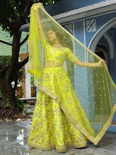 Zeel Clothing Art Silk Zari And Sequins Embroidered Art Silk Semi Stitched Lehenga Choli Set Women (7028-Neon-Wedding-Bridal-Designer-Latest-New; Free Size) (Neon), Green