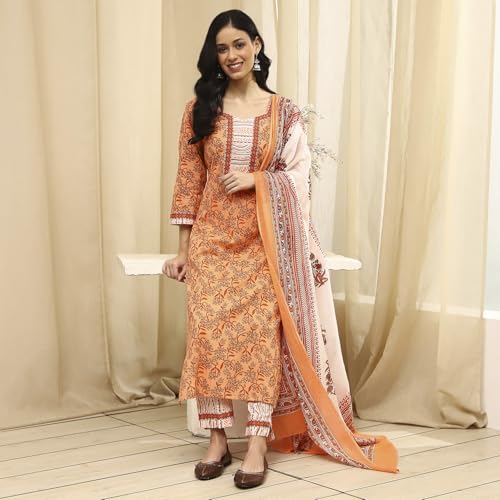 BIBA Women Peach Cotton Screen Print Unstitched Suit Set_FREE SIZE