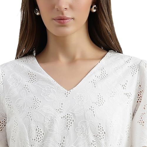 United Colors of Benetton Regular Fit V-Neck Schiffli Embroidered Dress (Size : M) - 26P4WVNDRS83I101 White