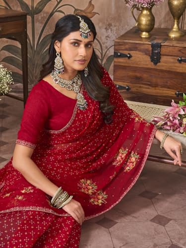 Laxmipati Monaco Embellished Floral Embroidered Chiffon Saree in Red Color