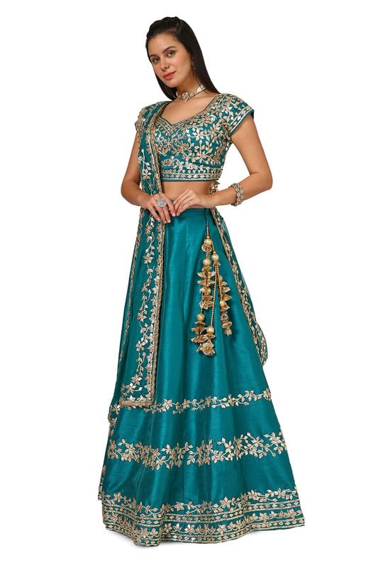 Soch Womens Teal Dupion Silk Ghagra Choli