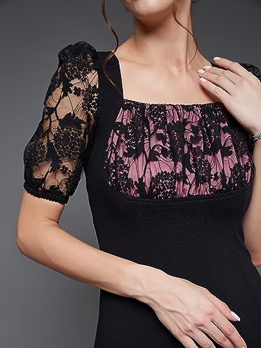 Miss Chase Women's Square Puff Sleeve Solid Lace Overlaid Ankle Length Dress (MCSS23D79-01-62-05, Black, L)