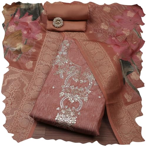 BIBA Women Coral Chanderi Printed Embroidered Unstitched Suit Set_FREE SIZE