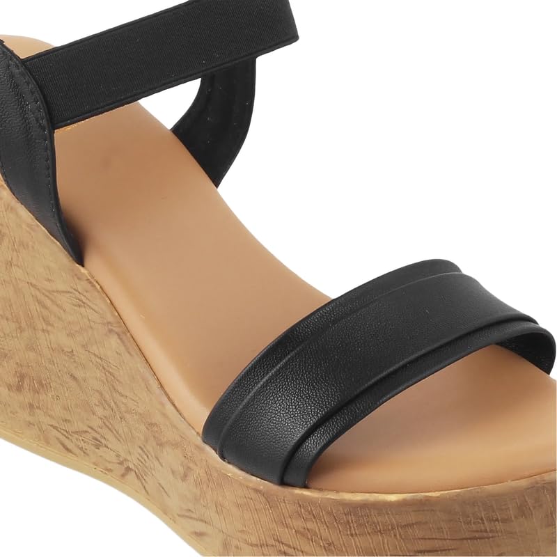 tresmode Pagiri Women’s Black Wedge Sandals | Vegan Leather | TPR Sole in Size 2 UK / 35 EU