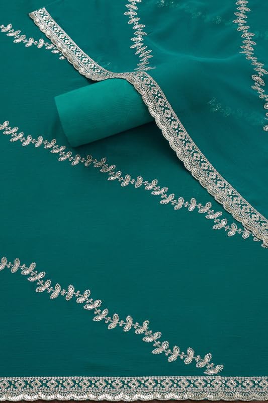 Soch Womens Teal Chinon Embroidered Unstitch Dress Material With Sequins