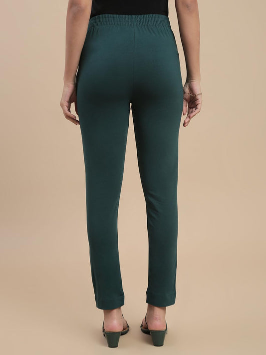 De Moza Women Pencil Fit Cigarette Pant - Bottle Green | 95% Cotton 5% Elastane | Mid Rise | 2 Pockets | Casual & Office Wear