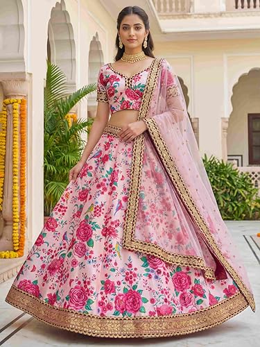 Zeel Clothing Women's Floral Print With Dori, Sequins and Stone Work Art Silk Lehenga Choli with Dupatta (7516-Light-Pink-Wedding-Women-Latest; Free Size)